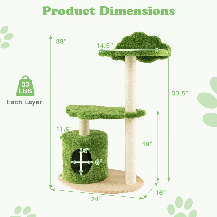 Dimensions of the 38-inch green cat tree featuring a cozy condo, sisal scratching posts, and a cloud-shaped perch.