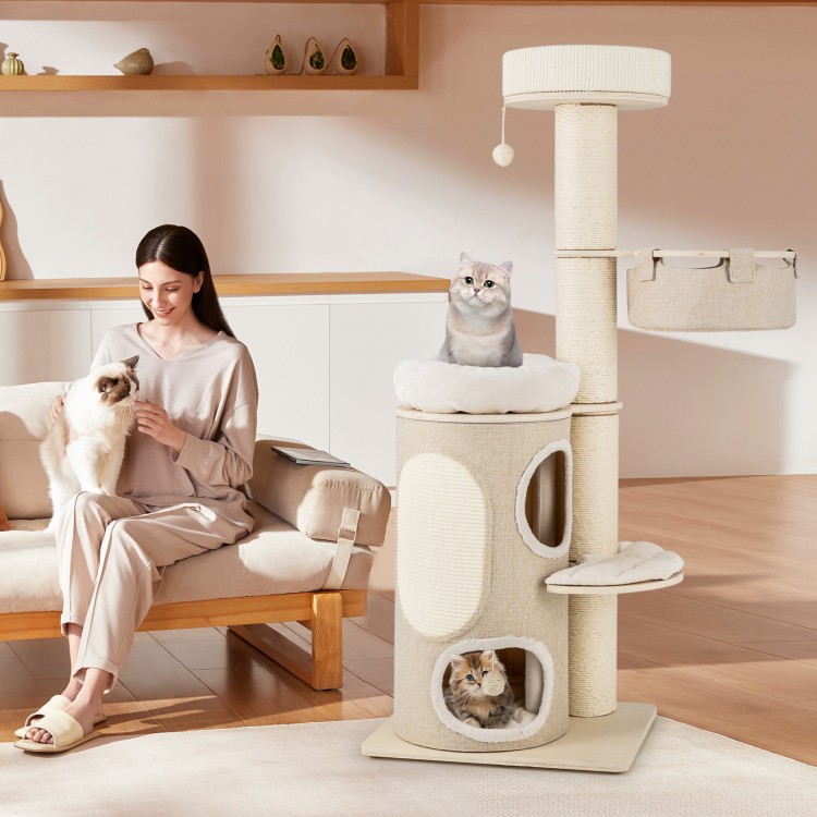 Cat tree featuring a 2-storey condo and top perch, made of natural materials for indoor cats' comfort and play.