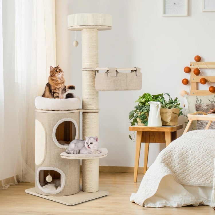 Cat tree with 2-storey condo, top perch, and sisal scratching posts for indoor cats, designed for comfort and play.