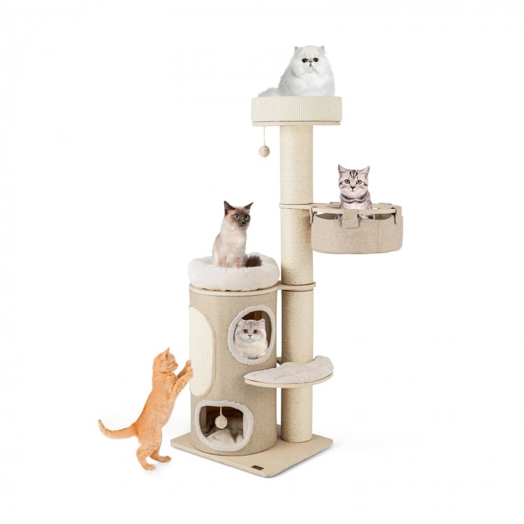 Multi-level 61-inch cat tree with cozy condos, top perch, and sisal scratching posts for indoor cats.