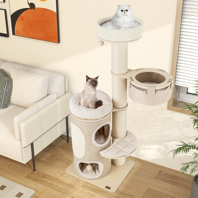 Cat tree with 2-storey condo and top perch, featuring sisal scratching posts and plush beds for indoor cats.