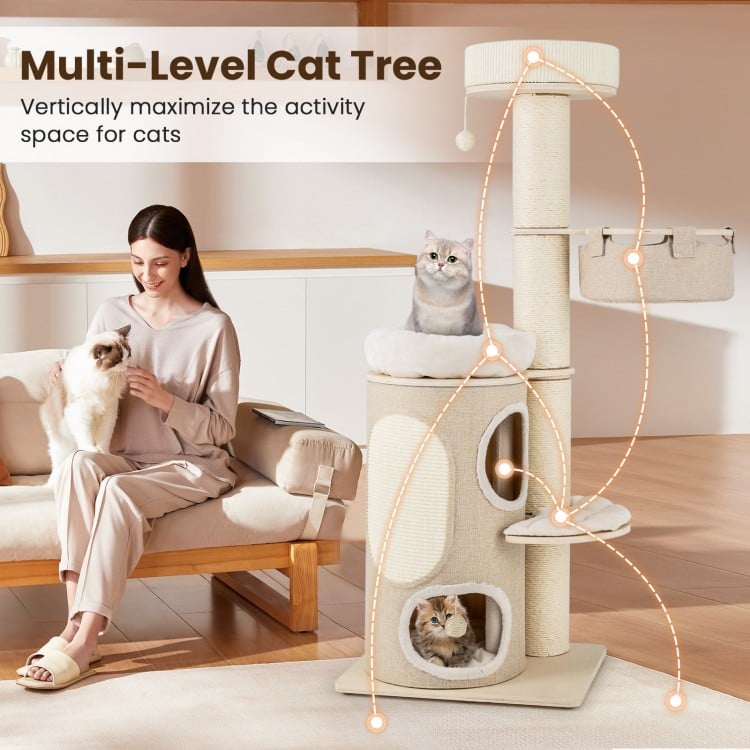 Multi-level cat tree with cozy condo, top perch, and sisal scratching posts for indoor cats' play and relaxation.