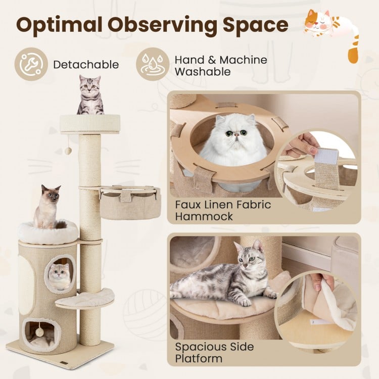 Cat tree featuring a spacious faux linen hammock, 2-storey condo, and top perch for indoor cats' comfort and play.