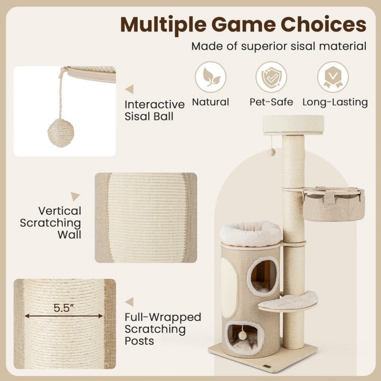 61-inch cat tree featuring a top perch, cozy condo, and durable sisal scratching posts for indoor cats.