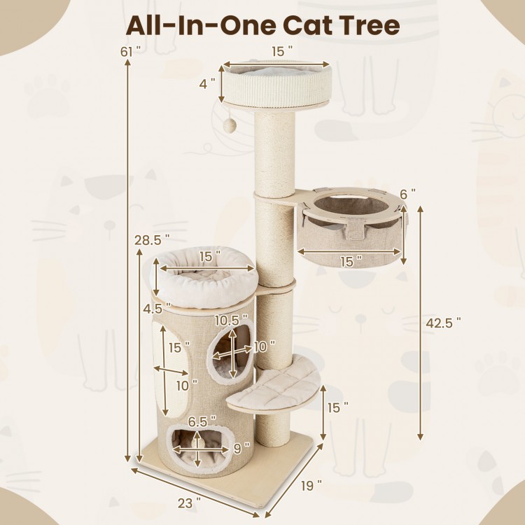 61-inch cat tree featuring a cozy 2-storey condo, top perch, and sisal scratching posts for indoor cats.