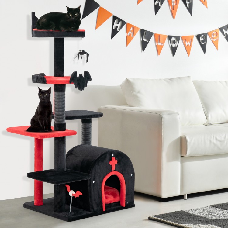 Gothic cat tree with black and red design, featuring a spacious condo, top perch, and interactive toys for playful cats.