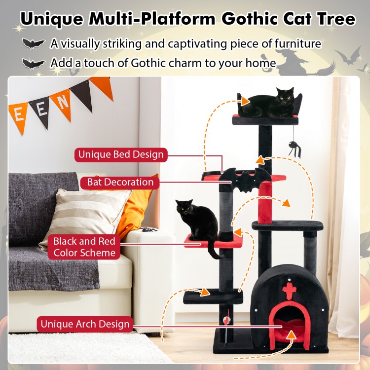 Gothic cat tree with black and red color, featuring a unique arch design and spacious hideaway condo for playful cats.