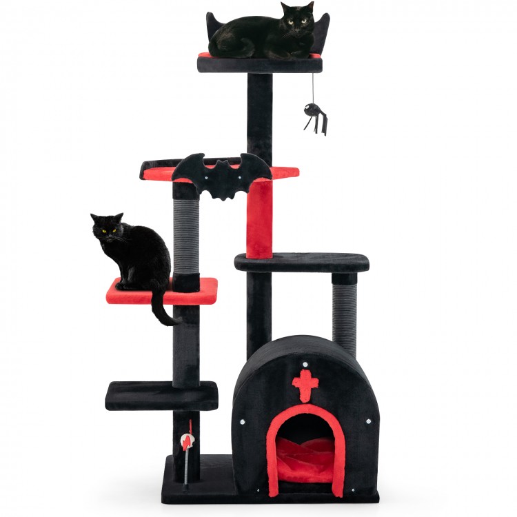 Gothic cat tree with black and red design, featuring a cozy condo, wide perch, and interactive toys for playful cats.