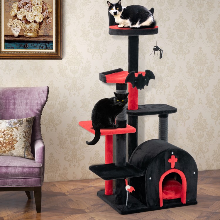 Gothic cat tree with a black and red design featuring a top perch, hideaway condo, and interactive toys for playful.