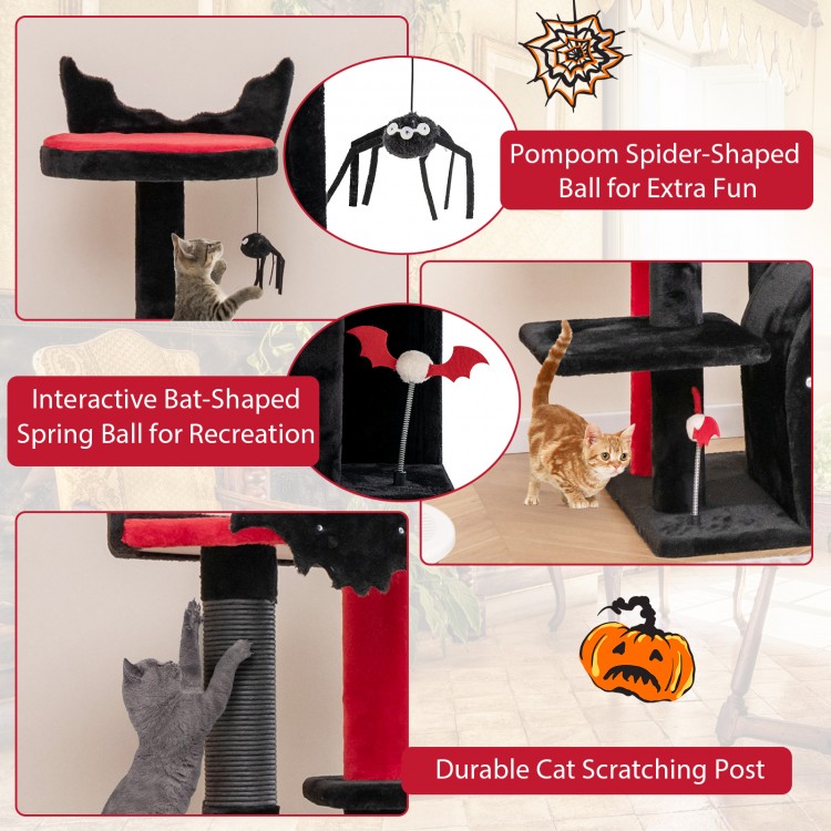 Gothic cat tree with interactive bat-shaped spring ball, pompom spider ball, and durable scratching post for playful.