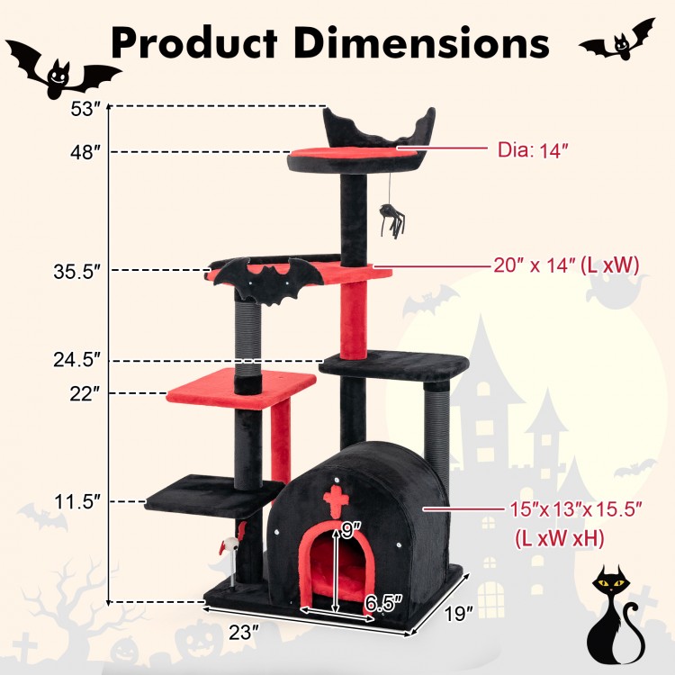 Gothic Cat Tree with dimensions, featuring a black design, top perch, condo, and playful accessories for cats.
