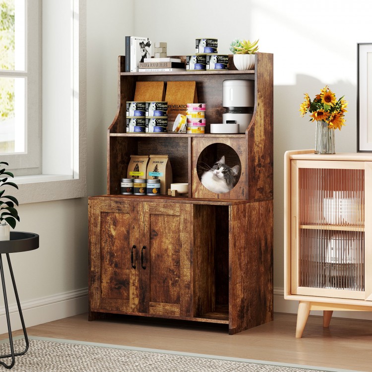 Modern wooden cat litter box enclosure with storage shelves in brown, featuring open shelves and a cozy cat condo.