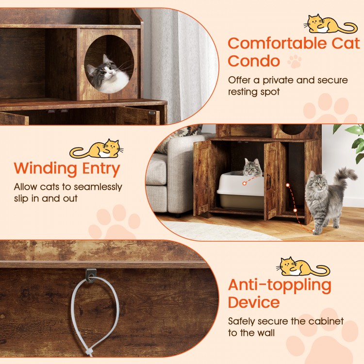 Modern wooden cat litter box enclosure with storage shelves, featuring a winding entry and anti-toppling device for.