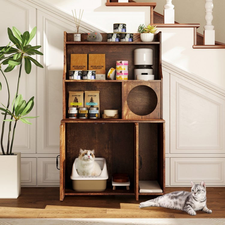 Modern wooden cat litter box enclosure in brown with storage shelves, providing organization and a cozy space for cats.