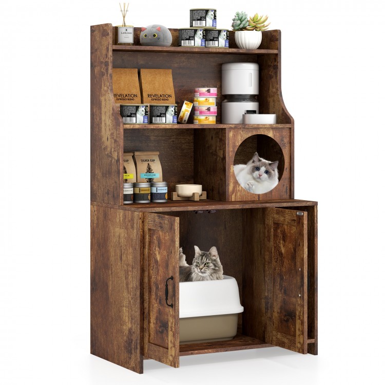Modern wooden cat litter box enclosure in brown with storage shelves, offering organization and a cozy space for pets.