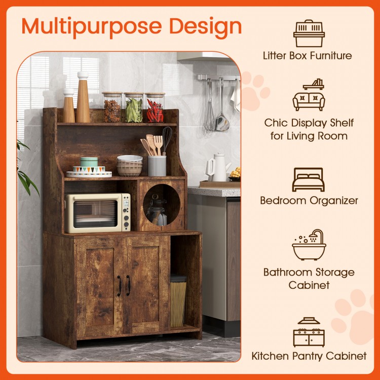 Modern wooden cat litter box enclosure with storage shelves in brown, ideal for living room or bedroom organization.
