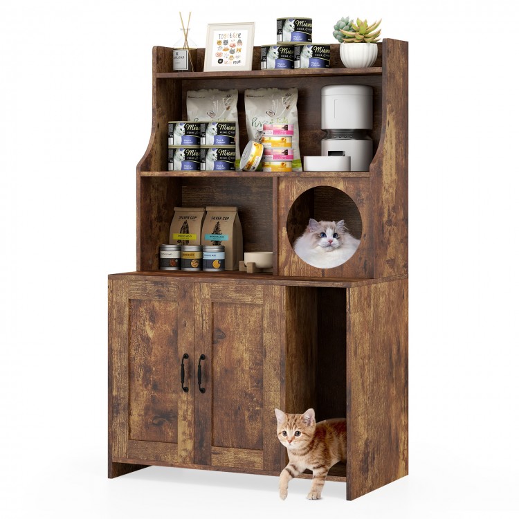 Modern wooden cat litter box enclosure in brown with storage shelves, featuring a cozy cat condo and open shelves for.