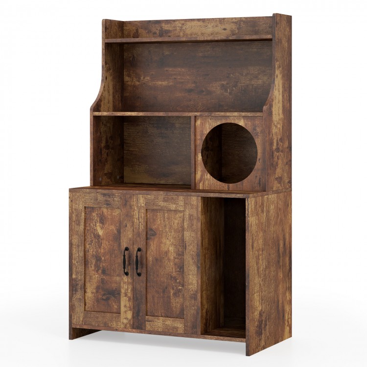 Modern wooden cat litter box enclosure in brown with storage shelves, offering privacy and organization for pet.