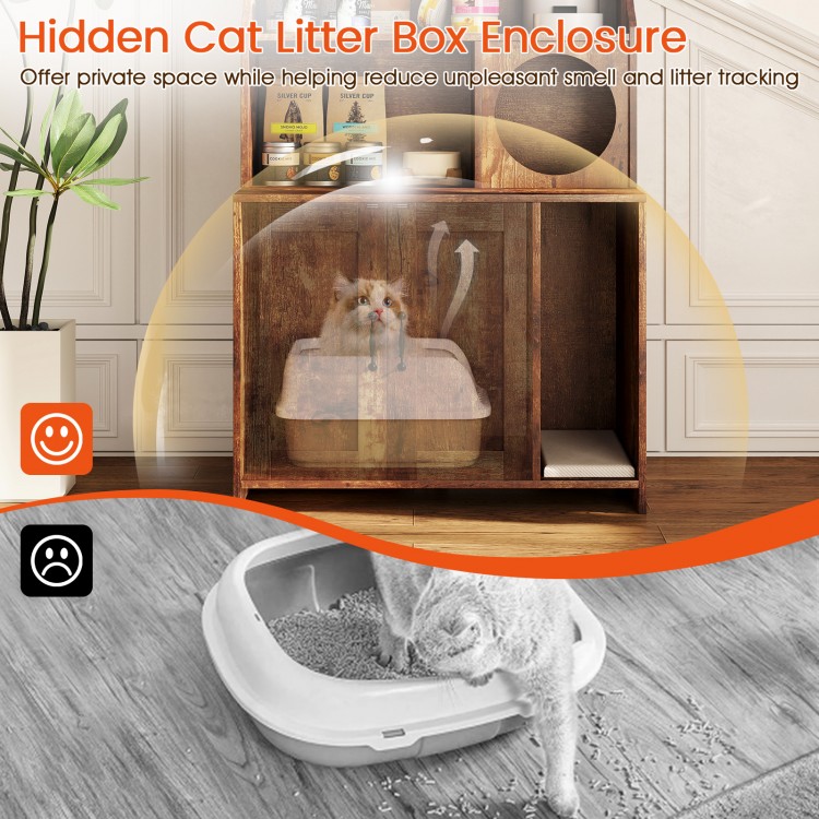 Modern wooden cat litter box enclosure in brown with storage shelves, offering privacy and reducing litter tracking.