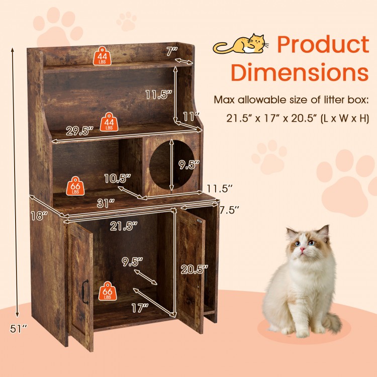 Modern wooden cat litter box enclosure with storage shelves, featuring dimensions and a cozy cat condo for relaxation.