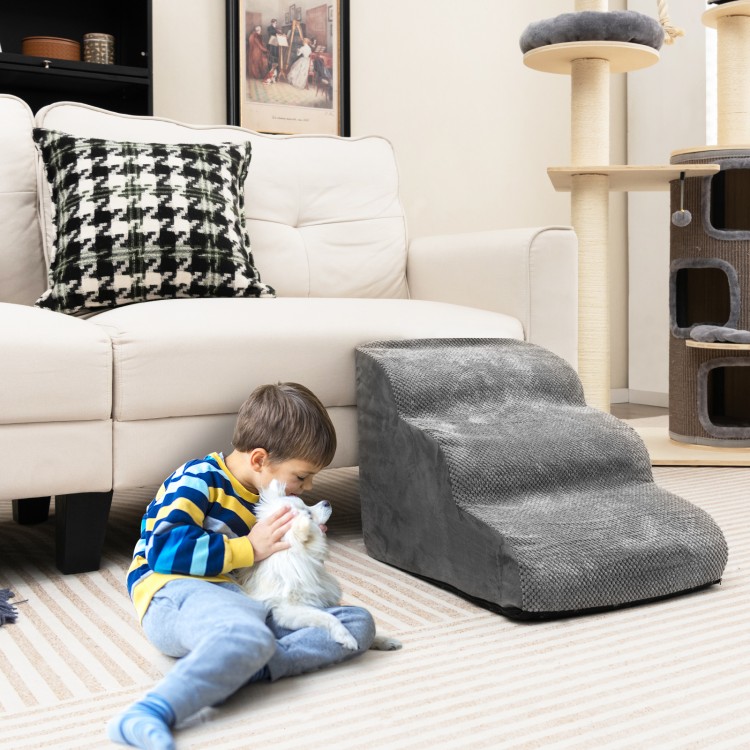 3-tier non-slip dog steps in gray with soft foam, featuring a gentle arch slope for safe and comfortable climbing.