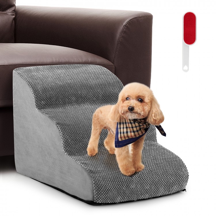 3-tier non-slip dog steps in gray with high-density foam, ideal for small or mobility-impaired pets to climb safely.