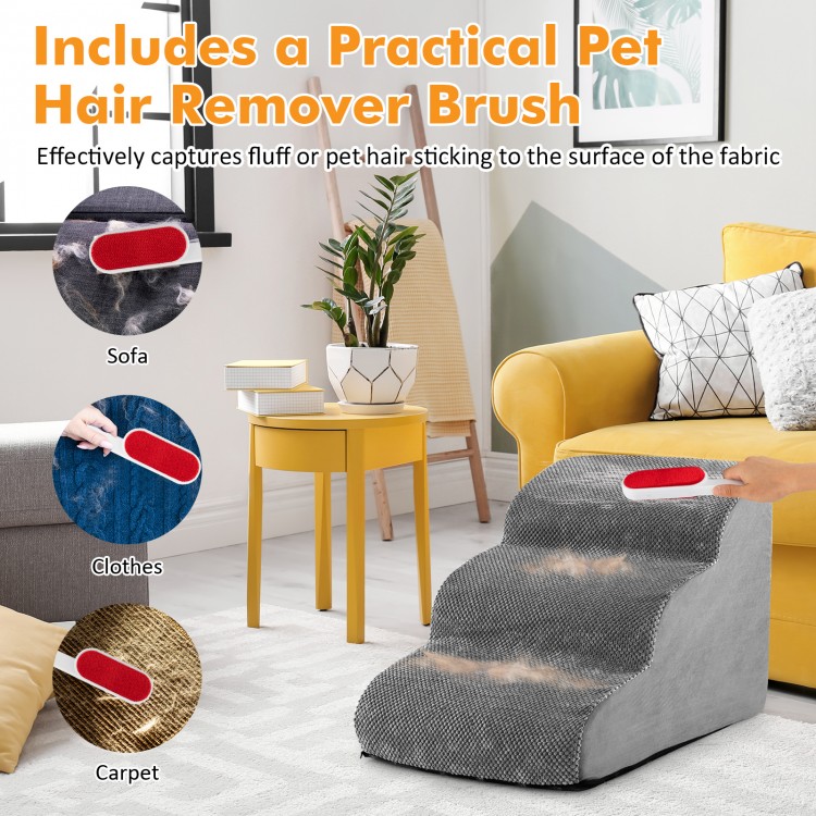 3-tier non-slip dog steps in gray with high-density foam, featuring silicone paw prints for stability and safety.