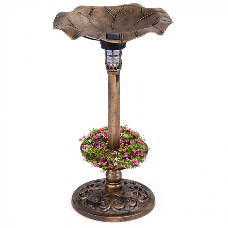 Standing pedestal birdbath and feeder combo in bronze with lotus leaf bowl, perfect for outdoor decor and bird.