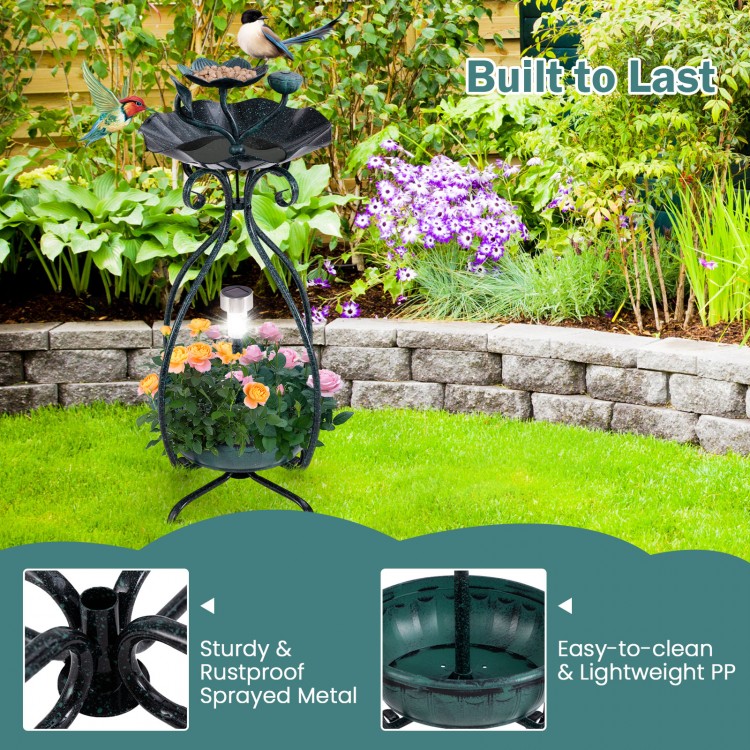 Solar outdoor bird bath feeder combo with flower planter, bronze finish, featuring a lotus leaf design for birds.