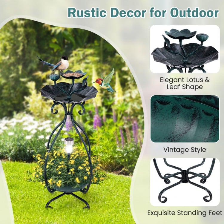 Solar outdoor bird bath feeder with flower planter, bronze finish, featuring lotus leaf design for birds and plants.