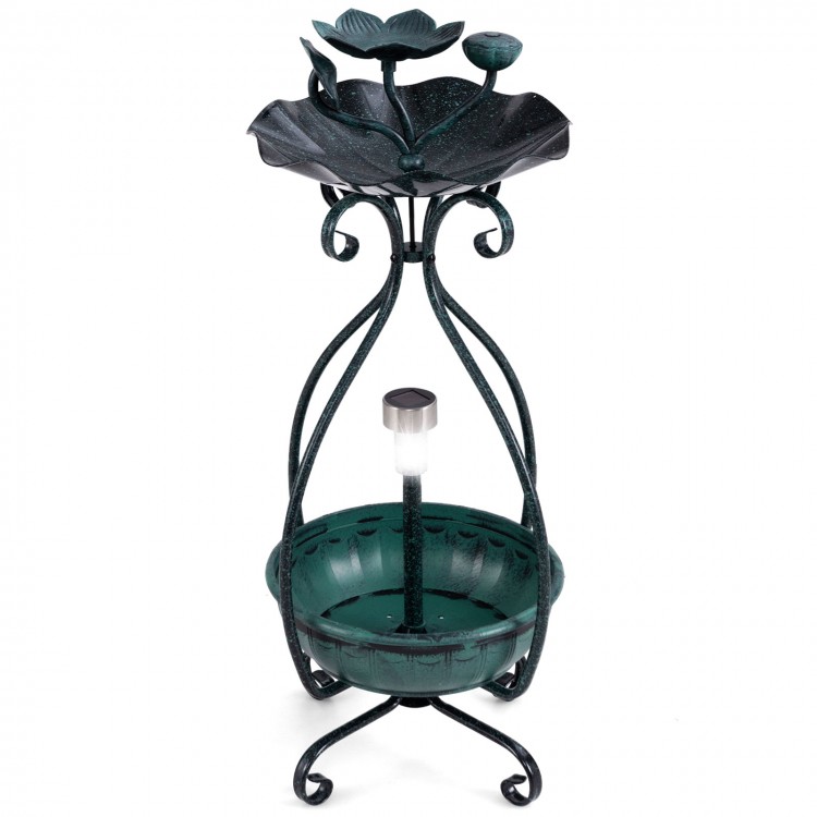 Solar outdoor bird bath feeder combo with flower planter, bronze finish, featuring a lotus leaf bowl and solar lights.