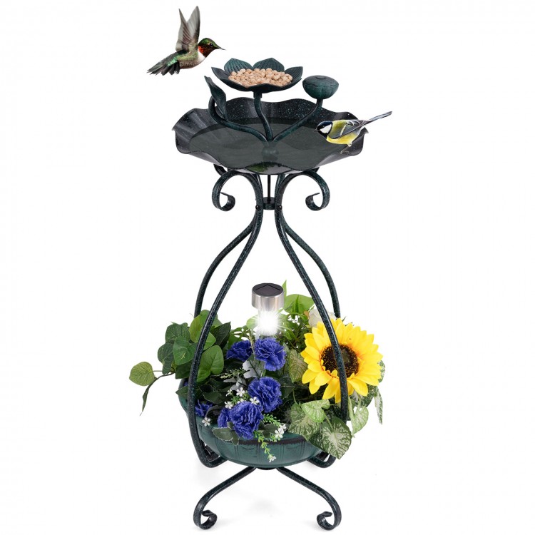 Solar outdoor bird bath feeder combo with flower planter, bronze finish, featuring lotus design and solar lights.