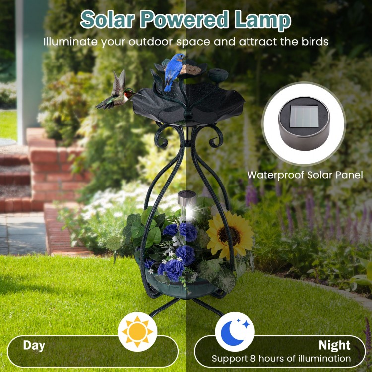 Solar outdoor bird bath feeder combo with flower planter and solar lights, featuring a lotus leaf design for birds.