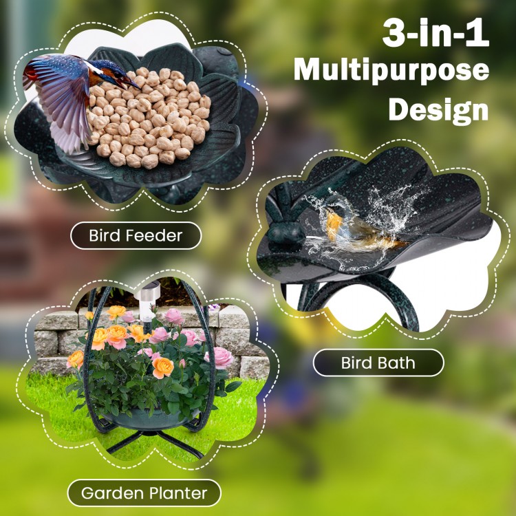 Solar outdoor bird bath feeder combo with flower planter, featuring a lotus leaf design and bronze finish for garden.
