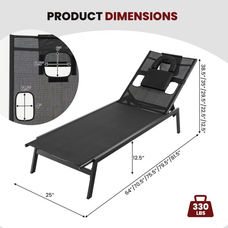 Adjustable black patio sunbathing lounge chair with headrest, showcasing product dimensions and sturdy metal frame.