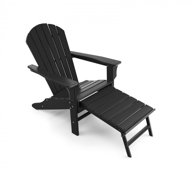 Black HDPE Adirondack chair with retractable ottoman, designed for outdoor relaxation in backyard or poolside settings.