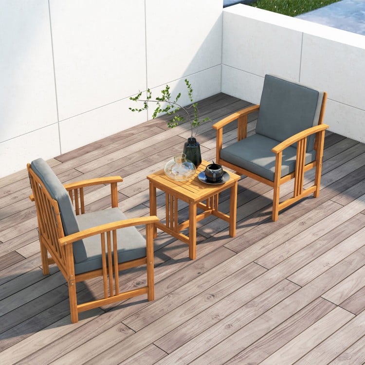 Three-piece solid wood outdoor patio sofa set with gray cushions, featuring a coffee table and ergonomic design.