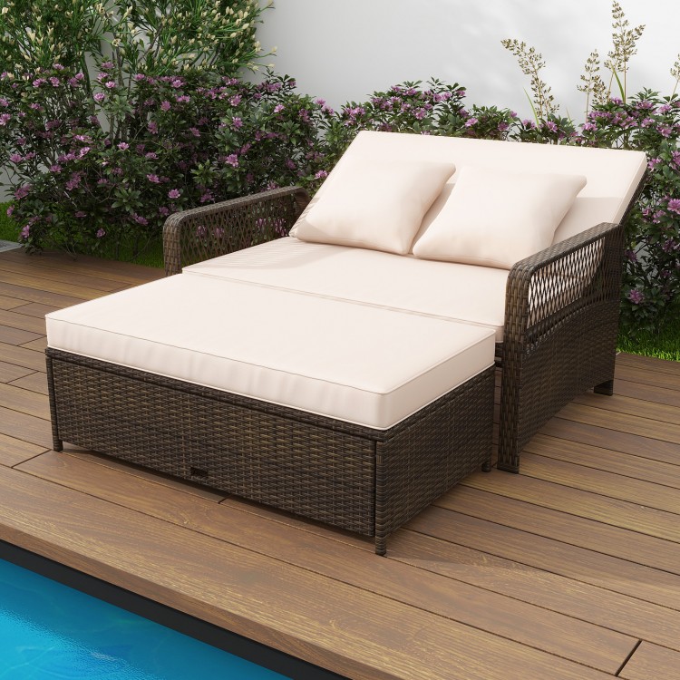 Patio adjustable wicker daybed with beige cushions, featuring a 4-level backrest, ideal for backyard relaxation.