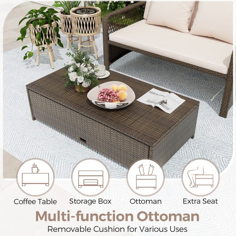 Multi-function ottoman in beige PE rattan, serving as a storage box and extra seat for versatile outdoor use.