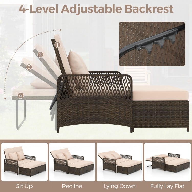Patio adjustable wicker daybed with 4-level backrest and soft beige cushions, perfect for backyard relaxation.