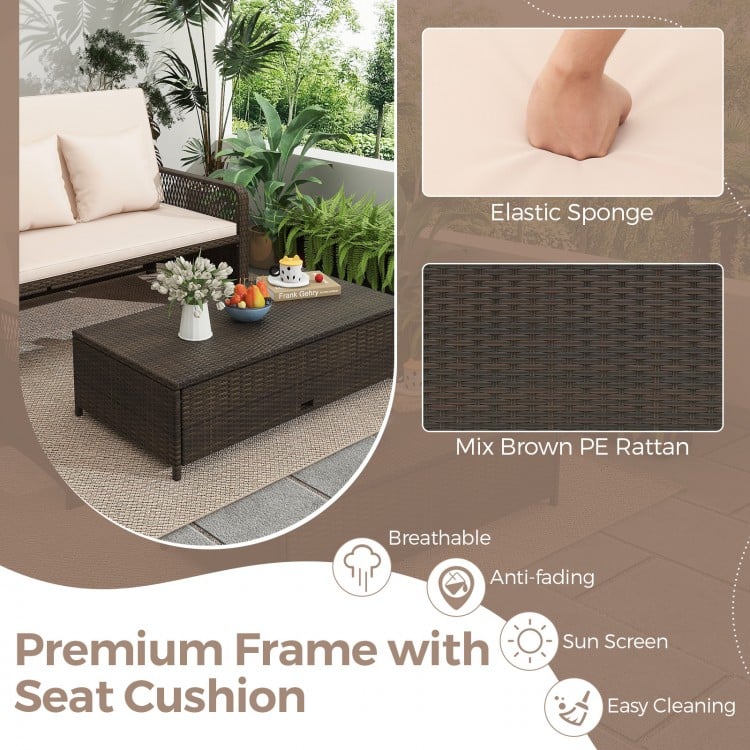 Patio adjustable wicker daybed in beige with soft cushions and a versatile ottoman for backyard relaxation.