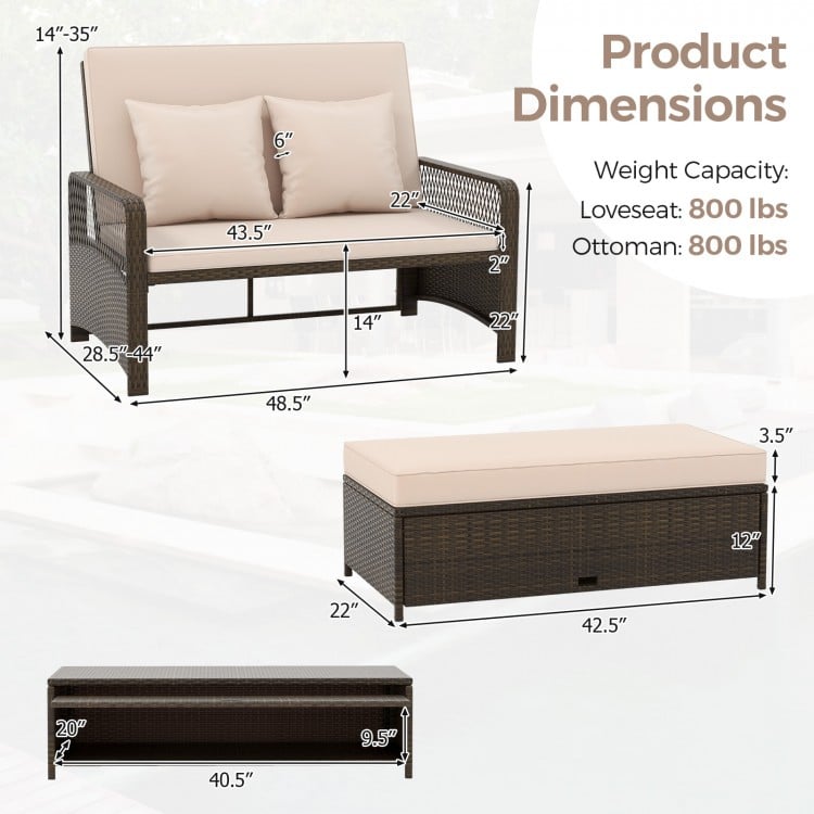 Patio adjustable wicker daybed with beige cushions, featuring a 4-position backrest and versatile ottoman for outdoor.