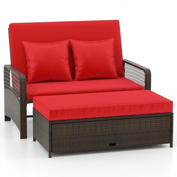 U-shaped patio loveseat with red cushions and adjustable backrest, offering comfort and style for outdoor lounging.