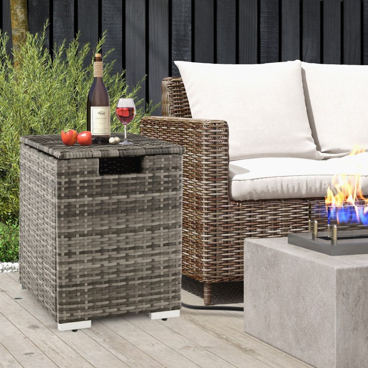 Gray 2-in-1 patio rattan gas propane tank cover, doubling as a side table, featuring a durable PE rattan design.