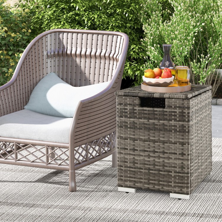 Gray 2-in-1 patio rattan gas propane tank cover doubling as a side table, featuring a durable metal frame and elegant.