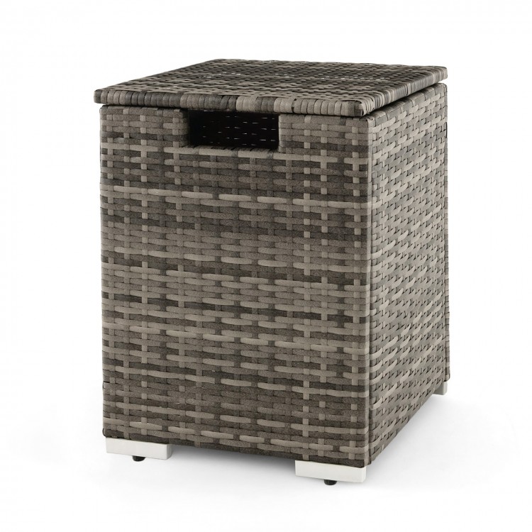 Gray 2-in-1 patio rattan gas propane tank cover, designed for 20 lbs tanks, also serves as a stylish side table.