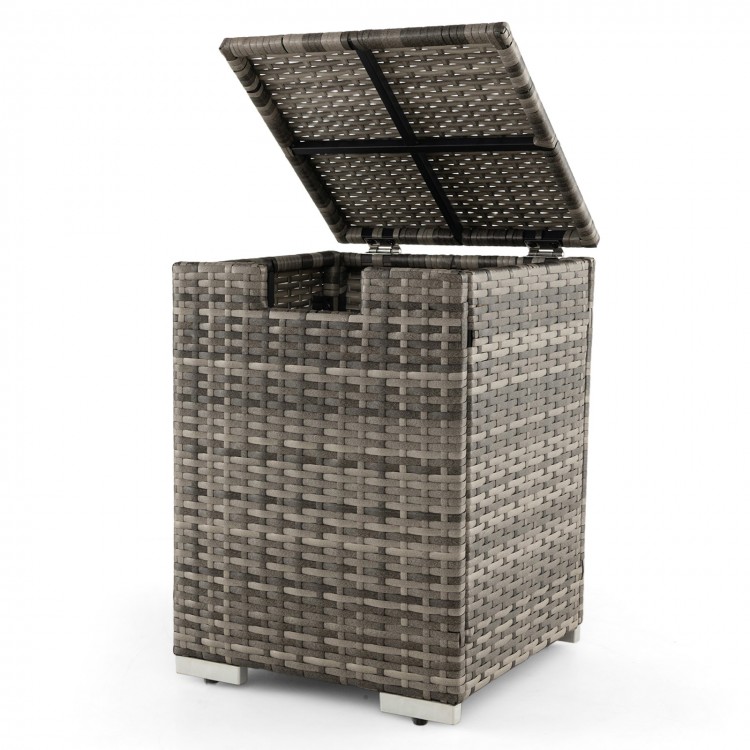 Gray 2-in-1 patio rattan gas propane tank cover with lid, suitable for 20 lbs tanks, doubles as a side table.