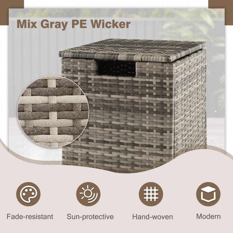 Gray 2-in-1 patio rattan gas propane tank cover with woven PE rattan, suitable for 20 lbs tanks, doubles as a side.