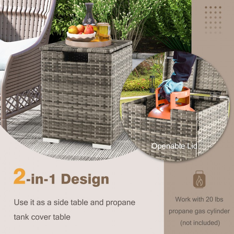 Gray 2-in-1 patio rattan gas propane tank cover with open lid, designed for 20 lbs tanks, also serves as a side table.