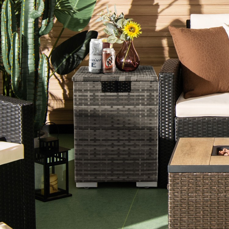 Gray 2-in-1 patio rattan gas propane tank cover serving as a side table, featuring a durable woven design and.